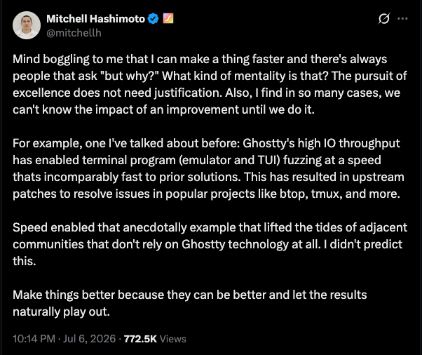 Screenshot of Mitchell Hashimoto&rsquo;s post on X from July 2026
